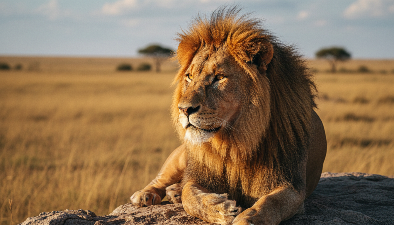 Wild male lion resting in the dry grass of a national park featured in this Kenya safari guide.