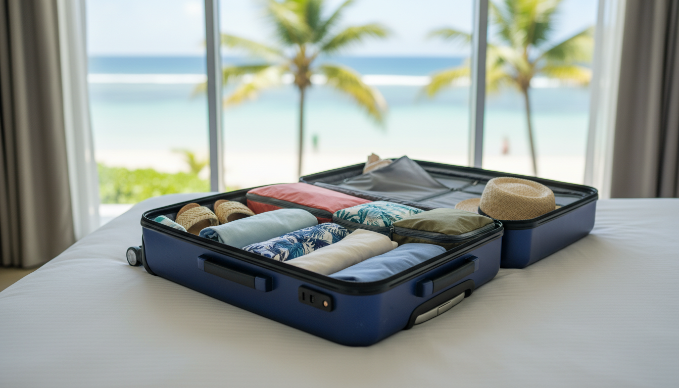 Open suitcase on a hotel bed showing neatly packed clothes and packing cubes for a tropical vacation