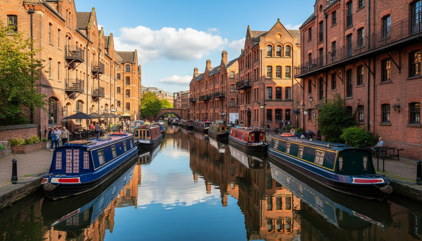 Colorful narrowboats moored along the historic canals of Birmingham UK