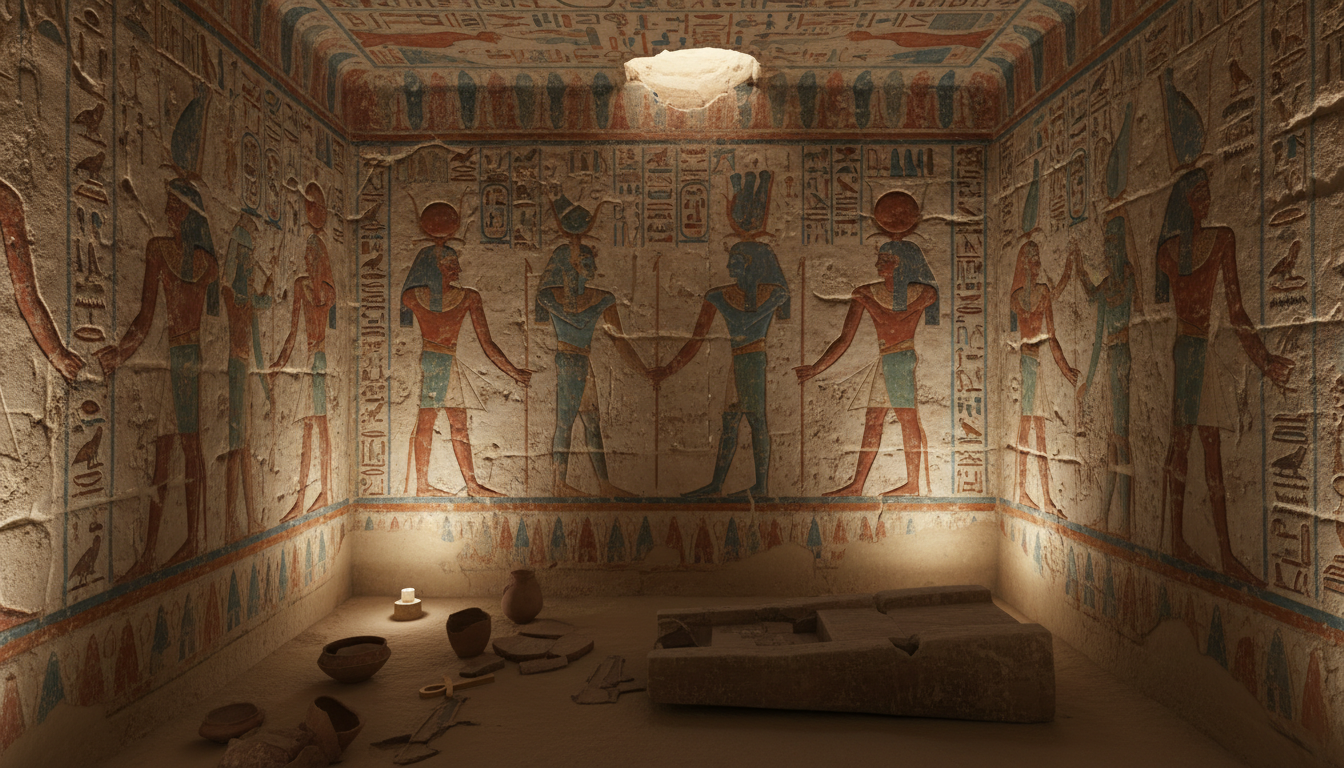 Colorful ancient hieroglyphics inside a pharaoh's tomb in the Valley of the Kings.