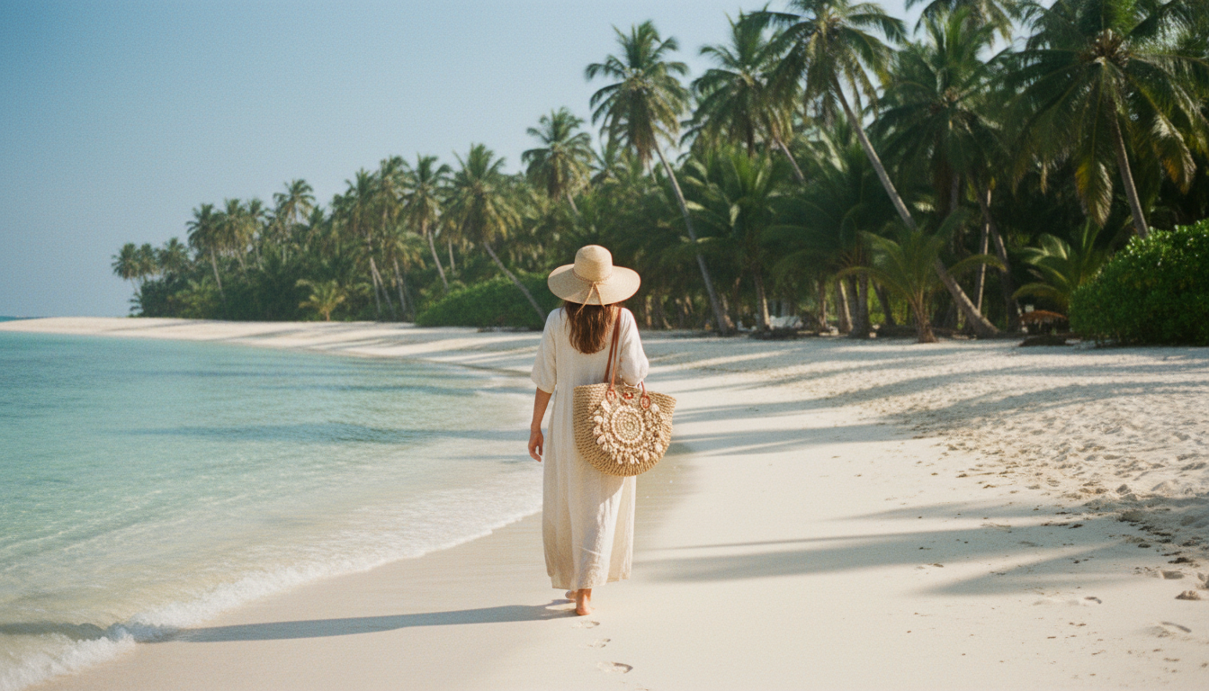 Traveler walking on a stunning tropical beach carrying a well-packed woven beach bag and wearing a light cover-up.