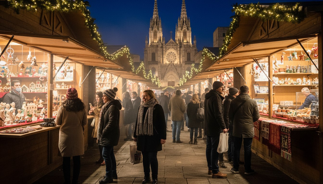 Festive Christmas market in Barcelona in winter