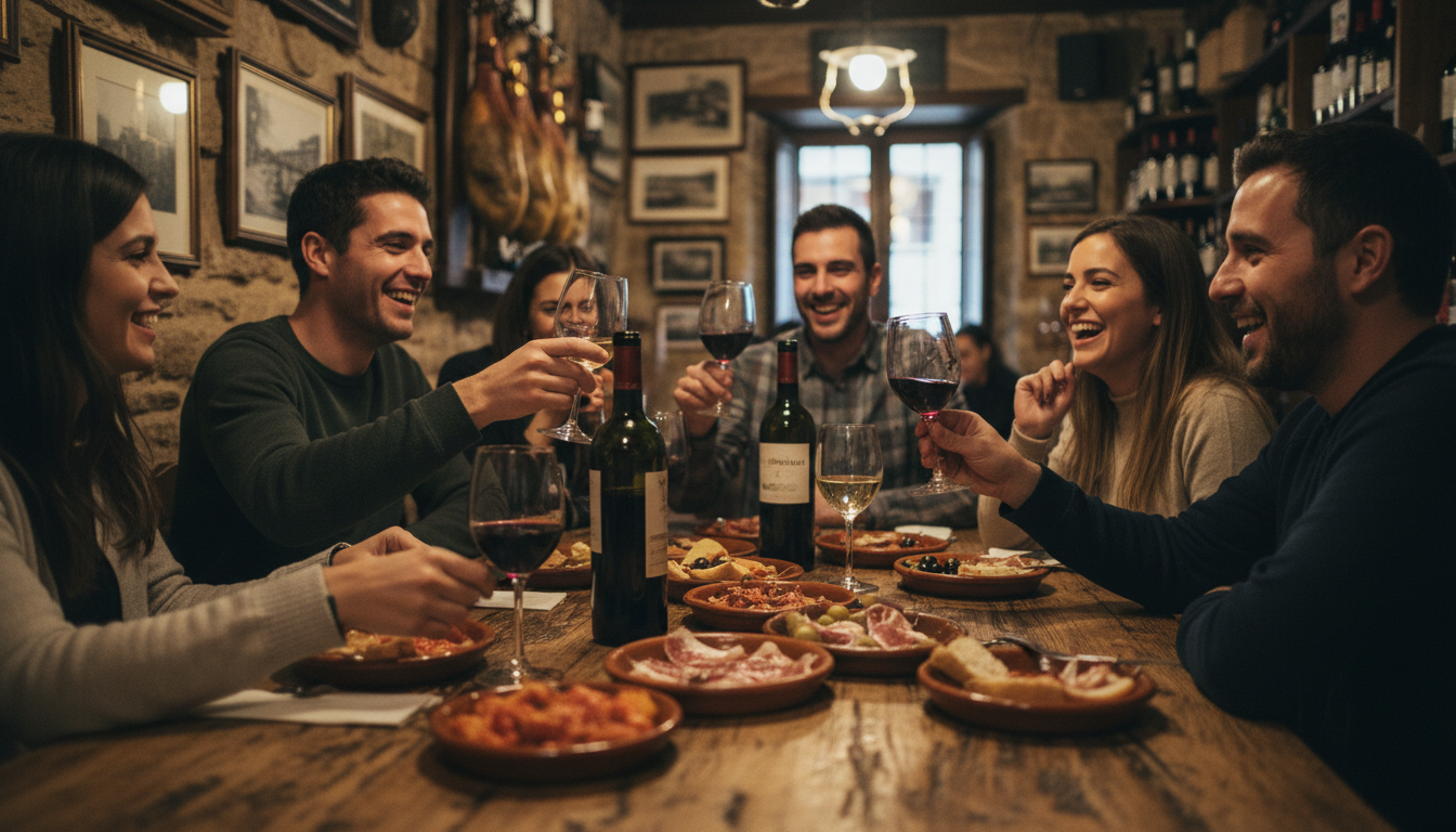 Authentic Spanish tapas and red wine on a wooden table in Madrid