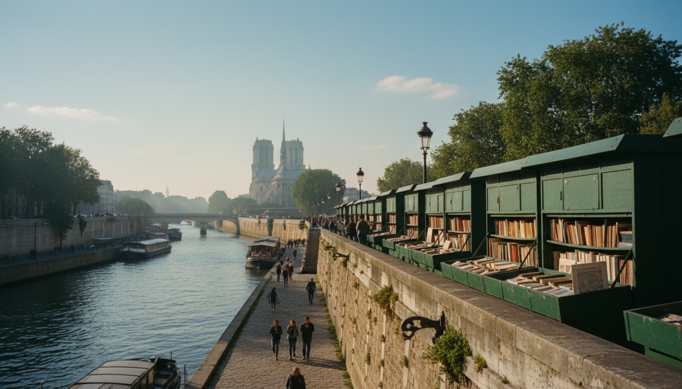 Vintage bookstalls along the Seine River in Paris with Notre-Dame Cathedral in the distance