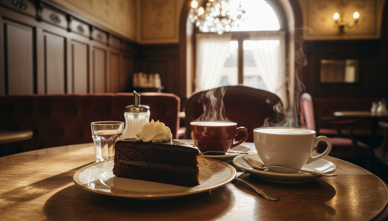 Traditional Viennese coffee and Sachertorte cake during a romantic Vienna itinerary
