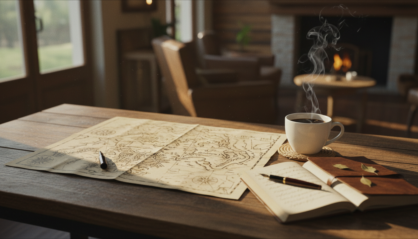 Planning a solo travel itinerary at a local cafe with a map and coffee