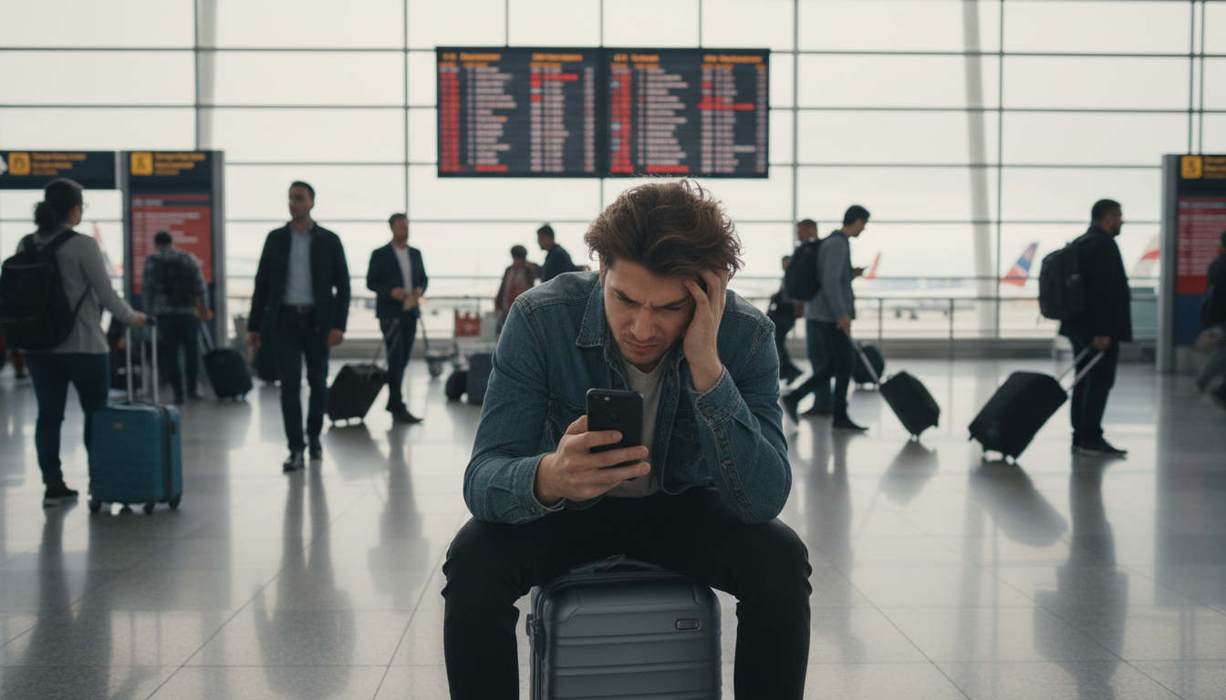 Traveler checking flight cancellation updates on a smartphone at an airport.