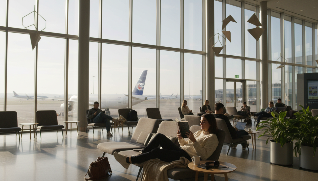 A calm traveler reading at the airport gate learning to overcome travel anxiety