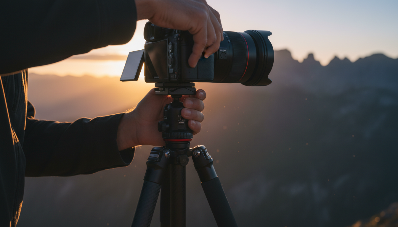 Adjusting camera lens on a tripod for landscape travel photography tips