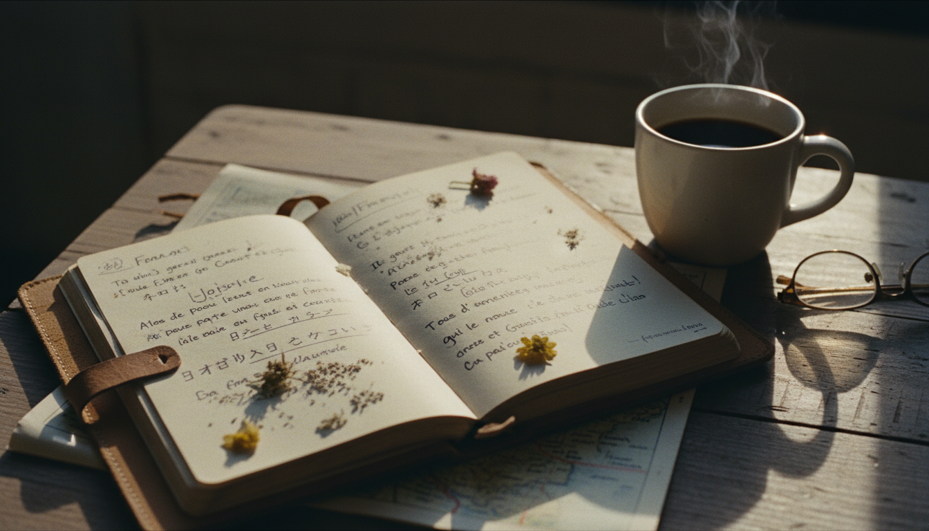 Handwritten essential travel phrases in a personal travel journal