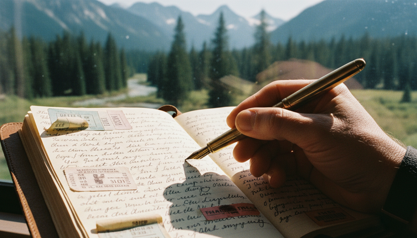 Person writing in a travel journal on a train with a mountain view in the background