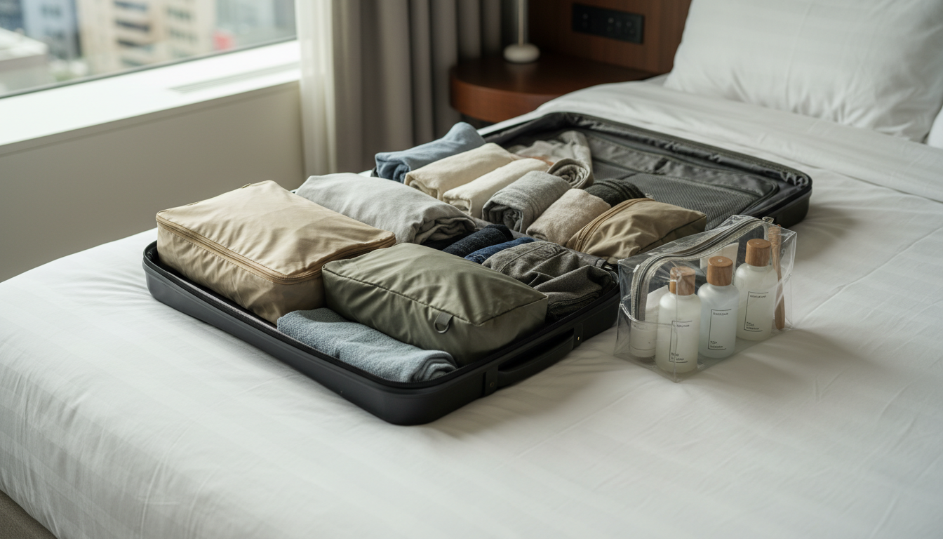 Packing cubes and tightly rolled clothing demonstrating the best travel hacks for packing light