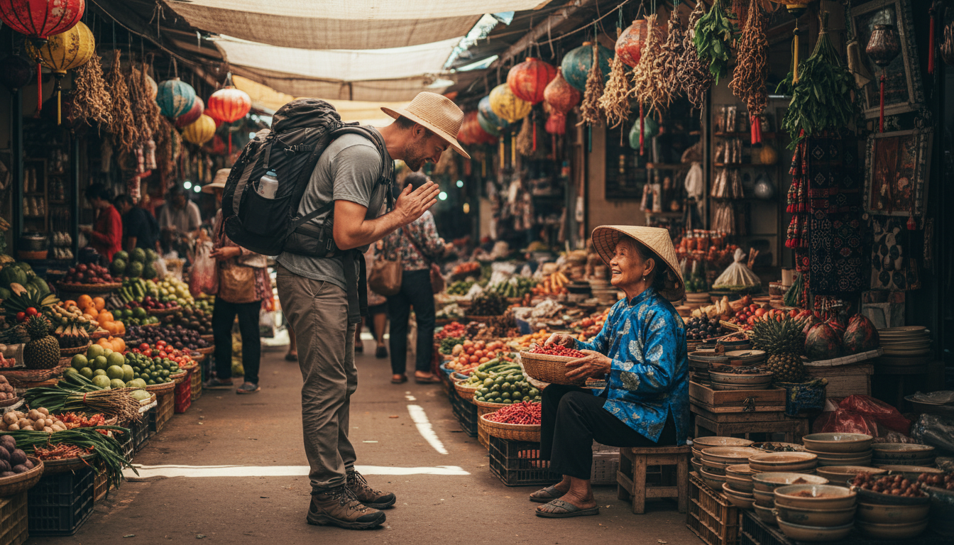 Traveler practicing proper international travel etiquette by bowing respectfully to a local market vendor in Asia.