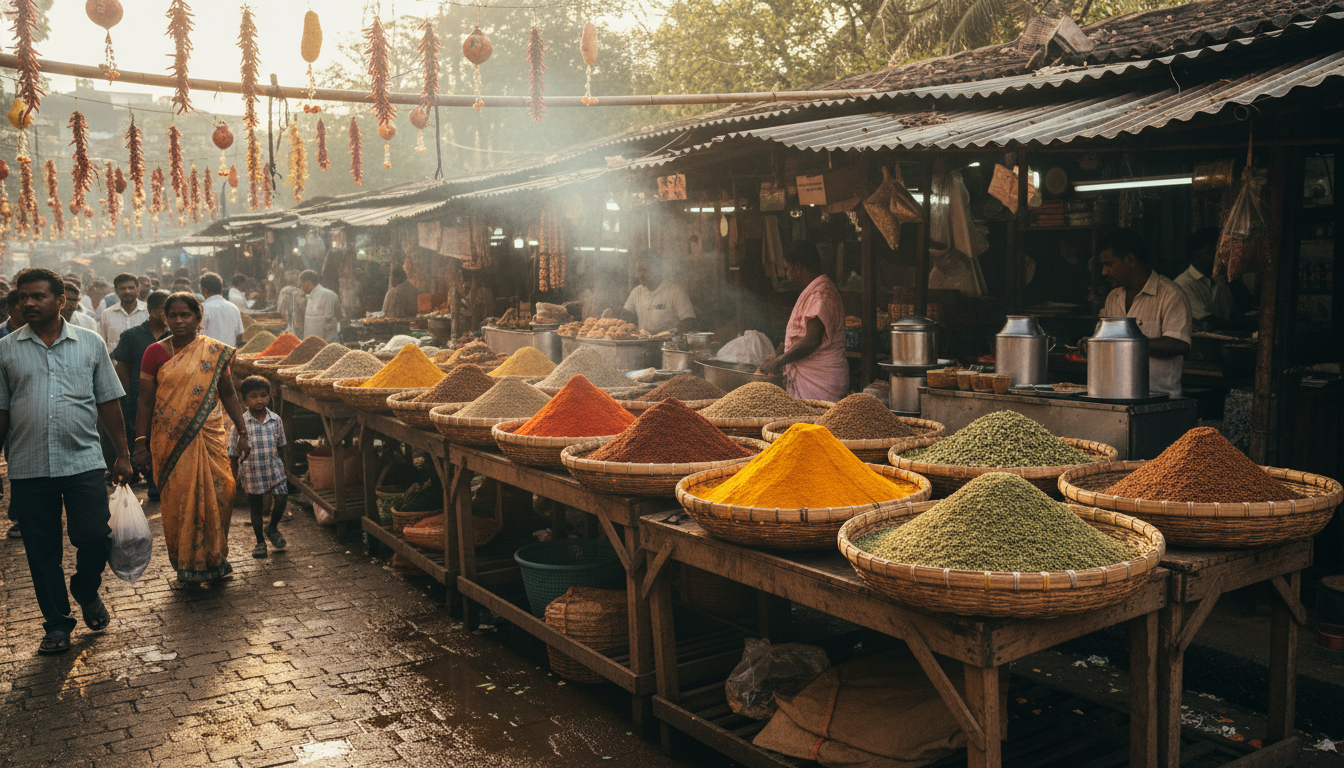 Traditional Goan market with colorful spices to explore on your weekend getaway in Goa