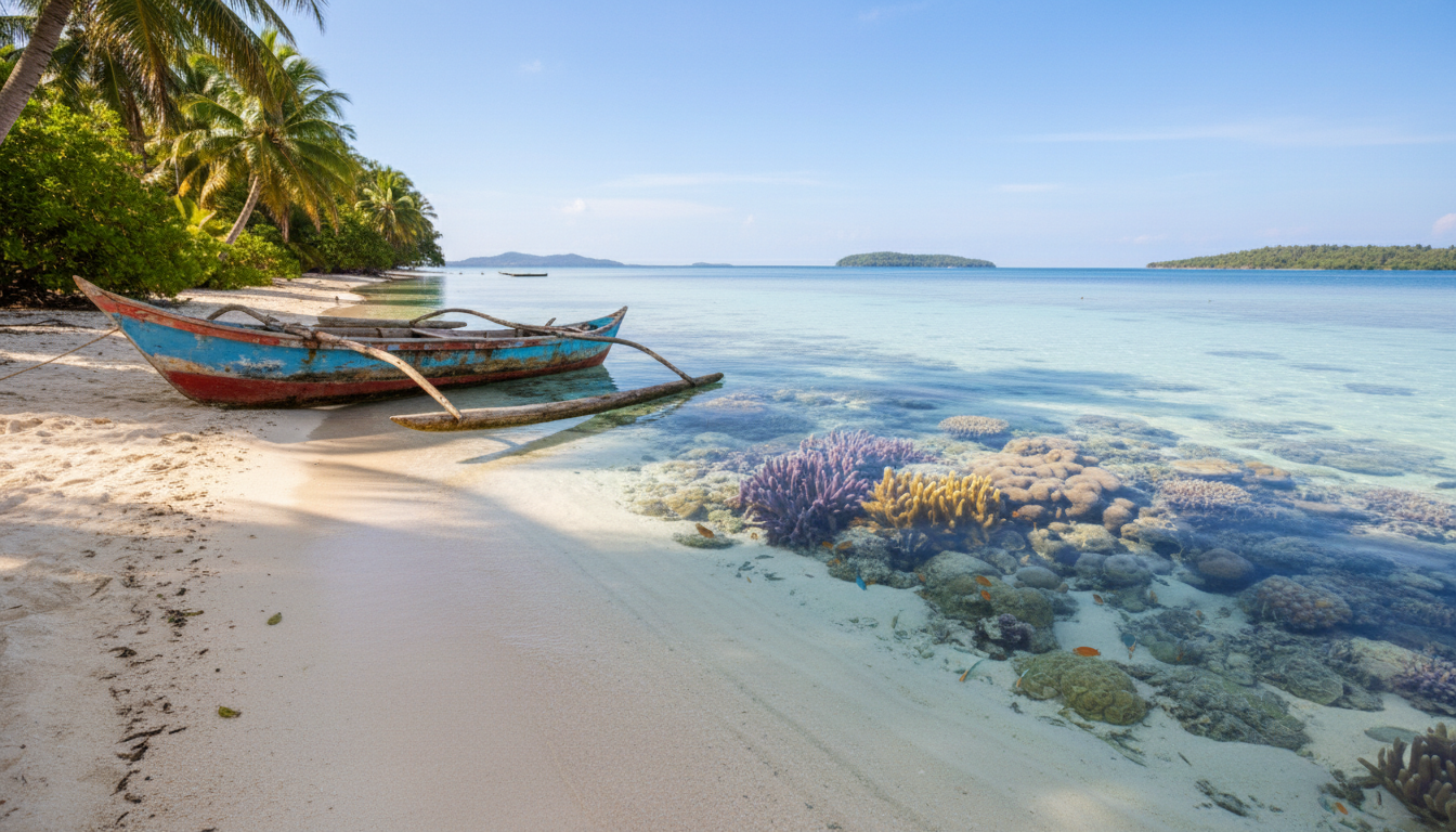 Traditional wooden boat on a white sand beach experienced during island hopping in India