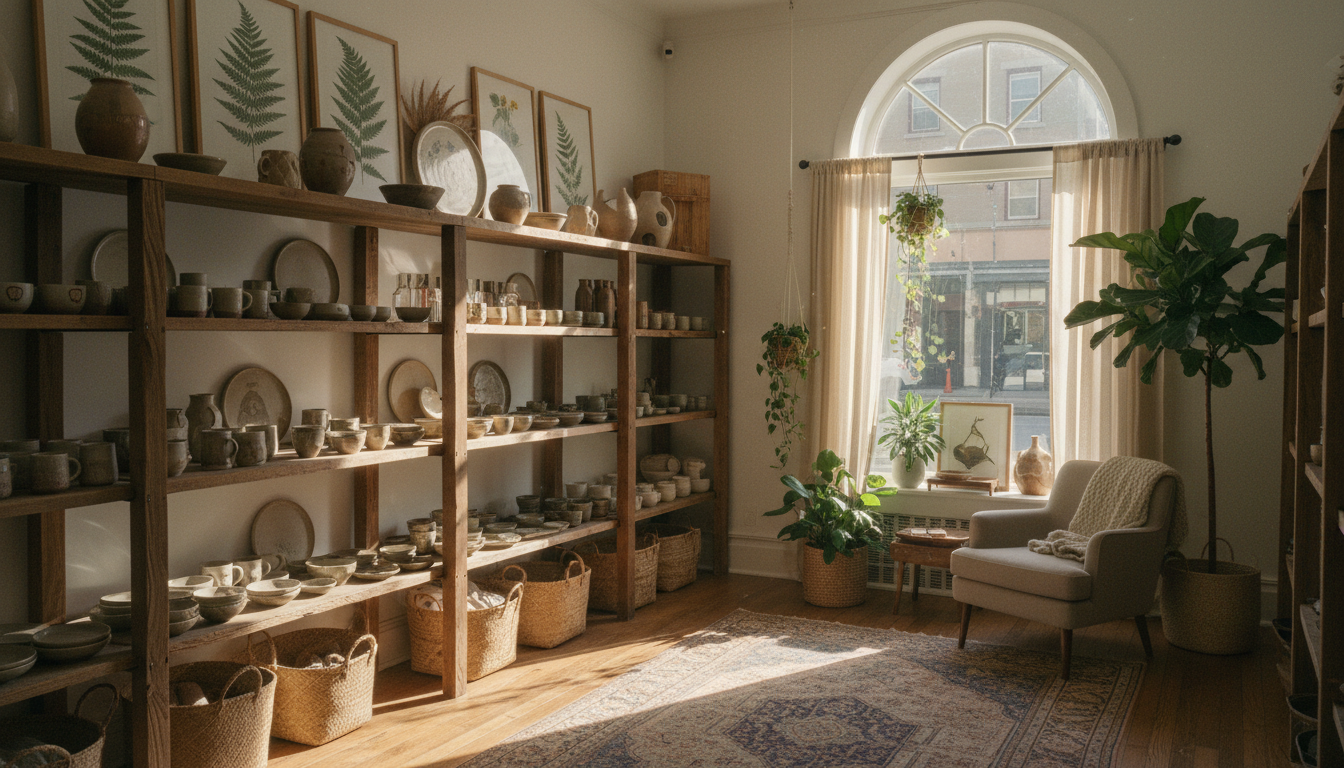 Interior of an artisan boutique showcasing handcrafted homeware in London