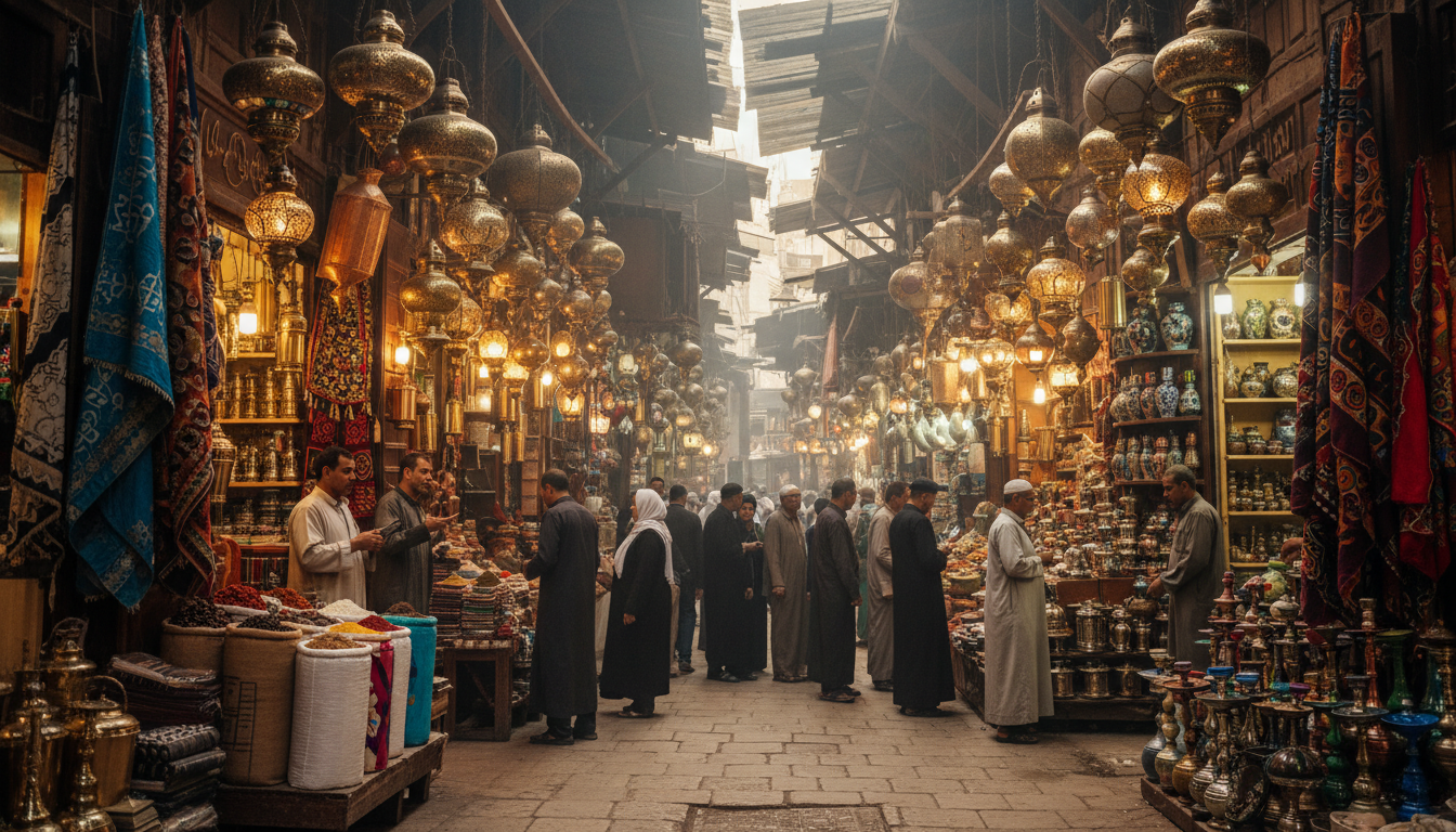 Vibrant market stalls at Khan el-Khalili bazaar in Cairo