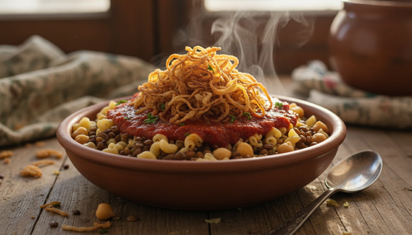 A hot, authentic bowl of Koshari, a classic traditional Egyptian food dish.