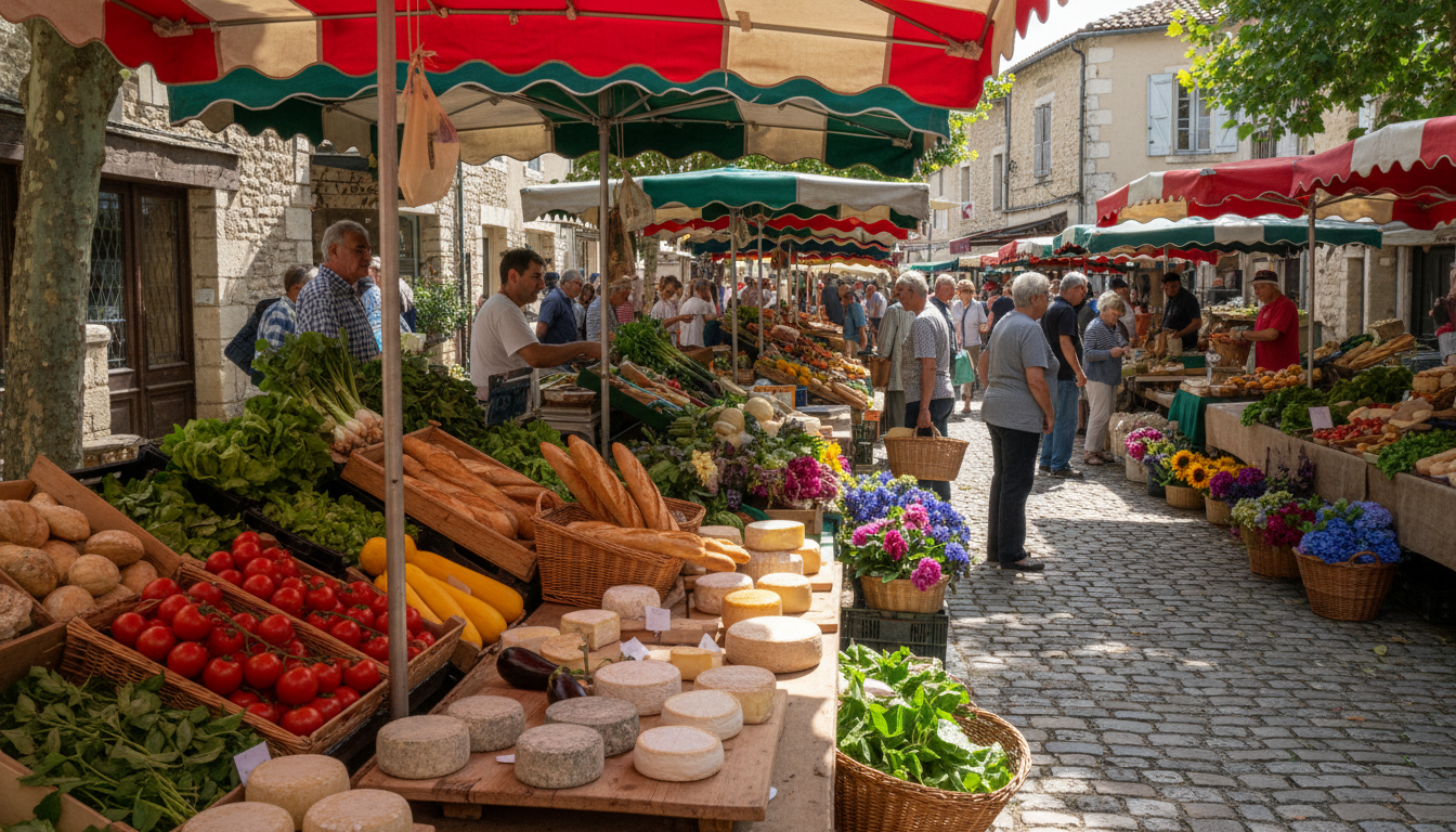 Local vendors selling fresh produce and artisan cheese at a traditional village market in rural France