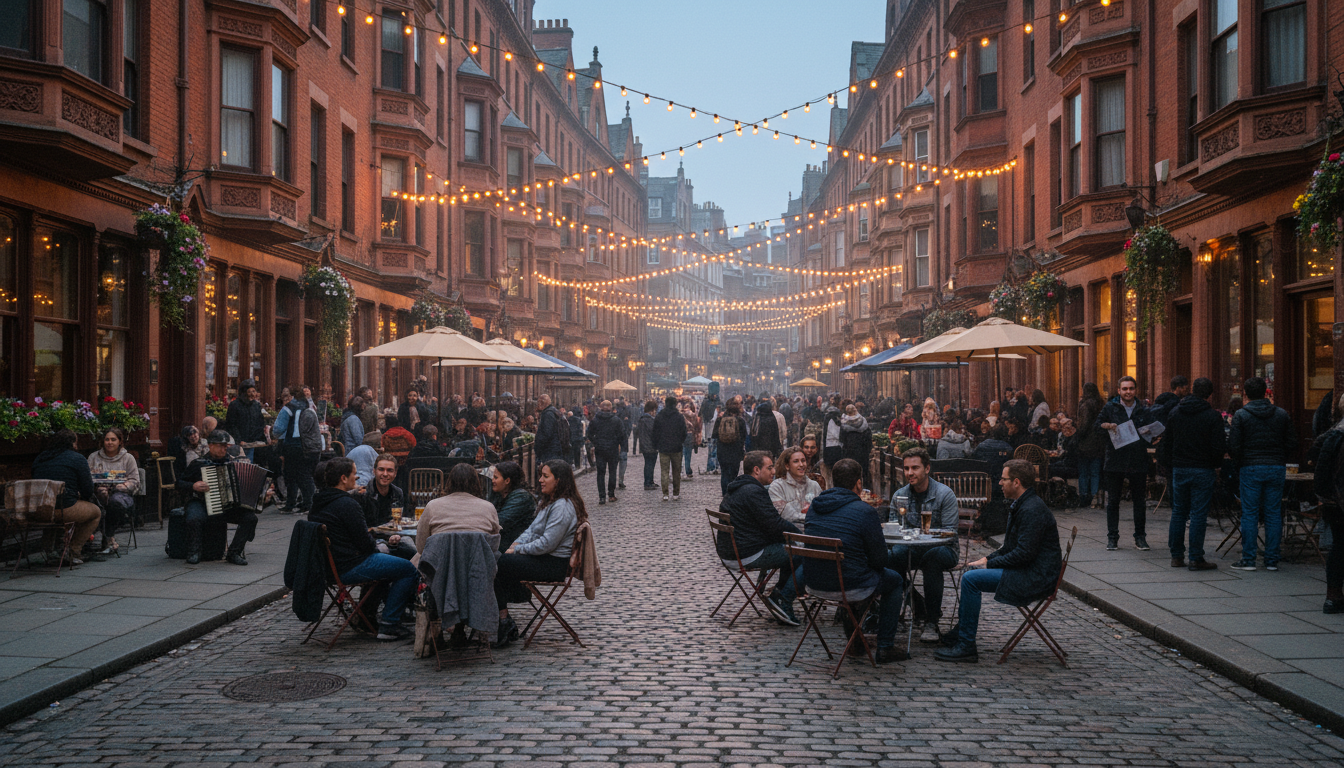 Historic cobblestone street with Victorian architecture and outdoor cafes in Toronto