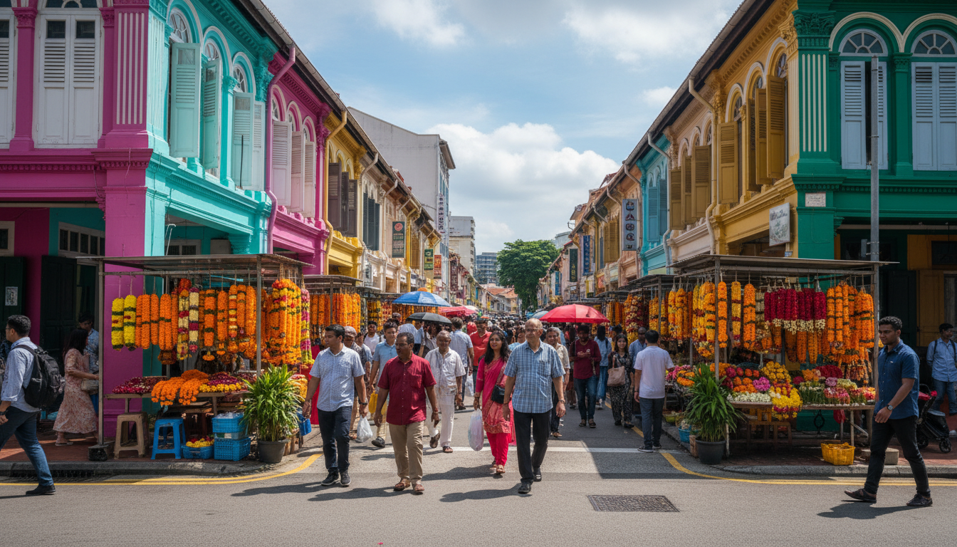 Colorful heritage shophouses and bustling streets in Little India, Singapore