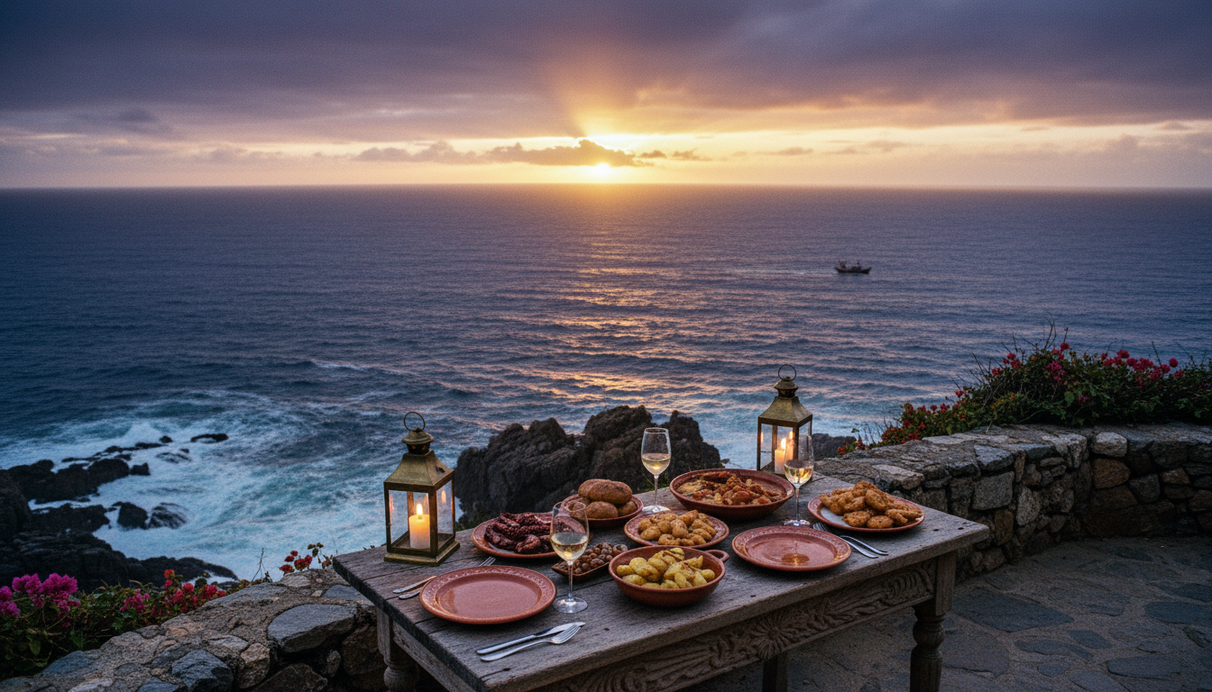 Enjoying an intimate cliffside sunset dinner overlooking the ocean during a Madeira Island romantic escape
