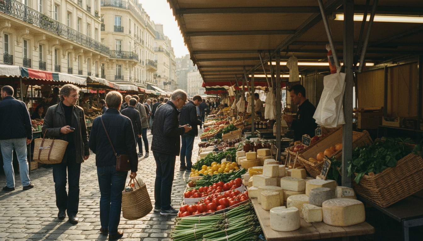 A vibrant local Parisian food market offering fresh seasonal produce