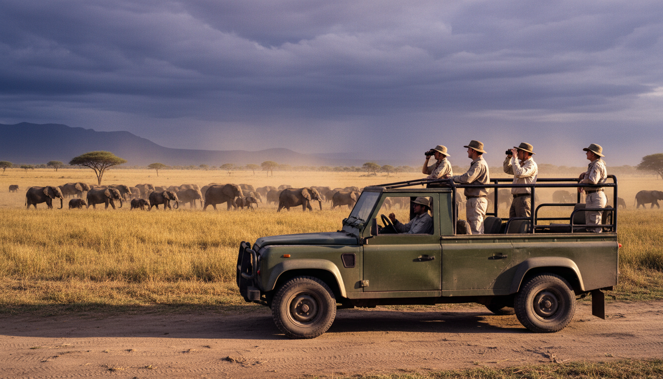 Travelers in a 4x4 vehicle observing a herd of elephants on the plains of East Africa.