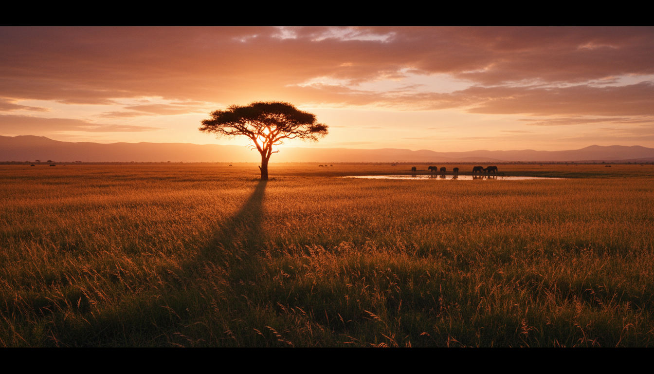 Golden hour over the wild African savannah during a wildlife safari adventure