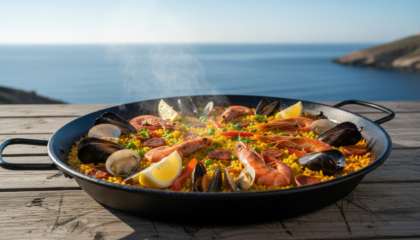 Traditional Arroz a Banda rice dish served in a pan by the Mediterranean sea