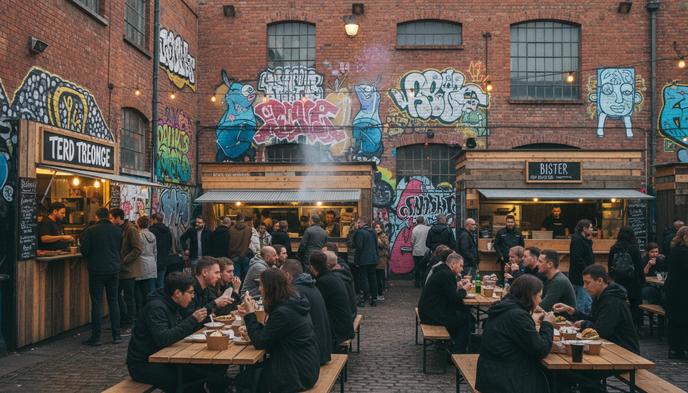 Bustling street food scene surrounded by colorful street art in Digbeth Birmingham