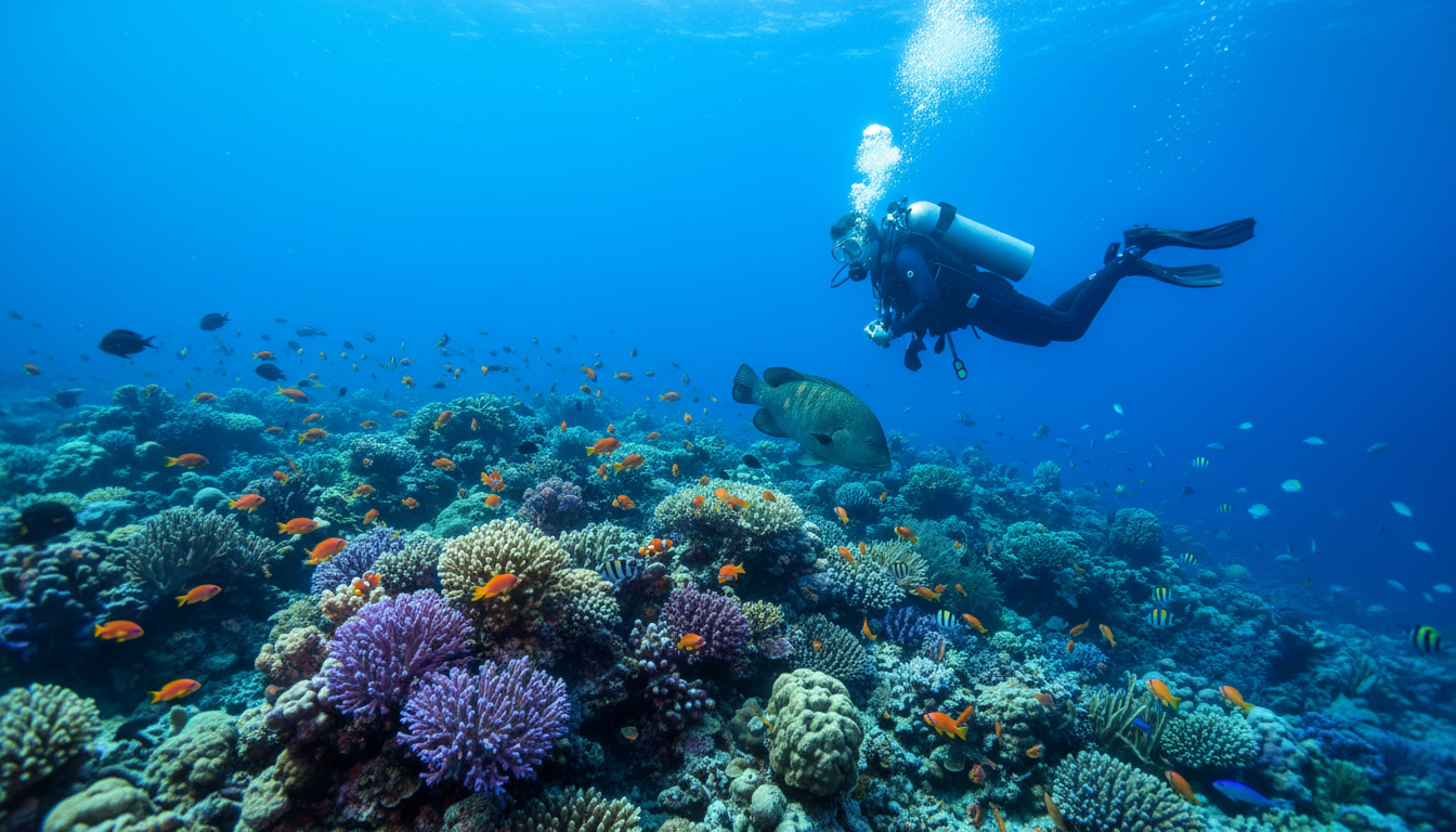 Scuba diver exploring the vibrant coral reefs of the Red Sea in Egypt.