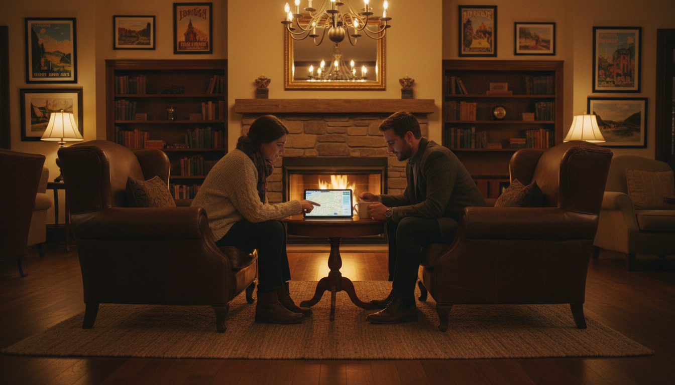 Couple deciding whether it is cheaper to book a hotel or walk in for their vacation