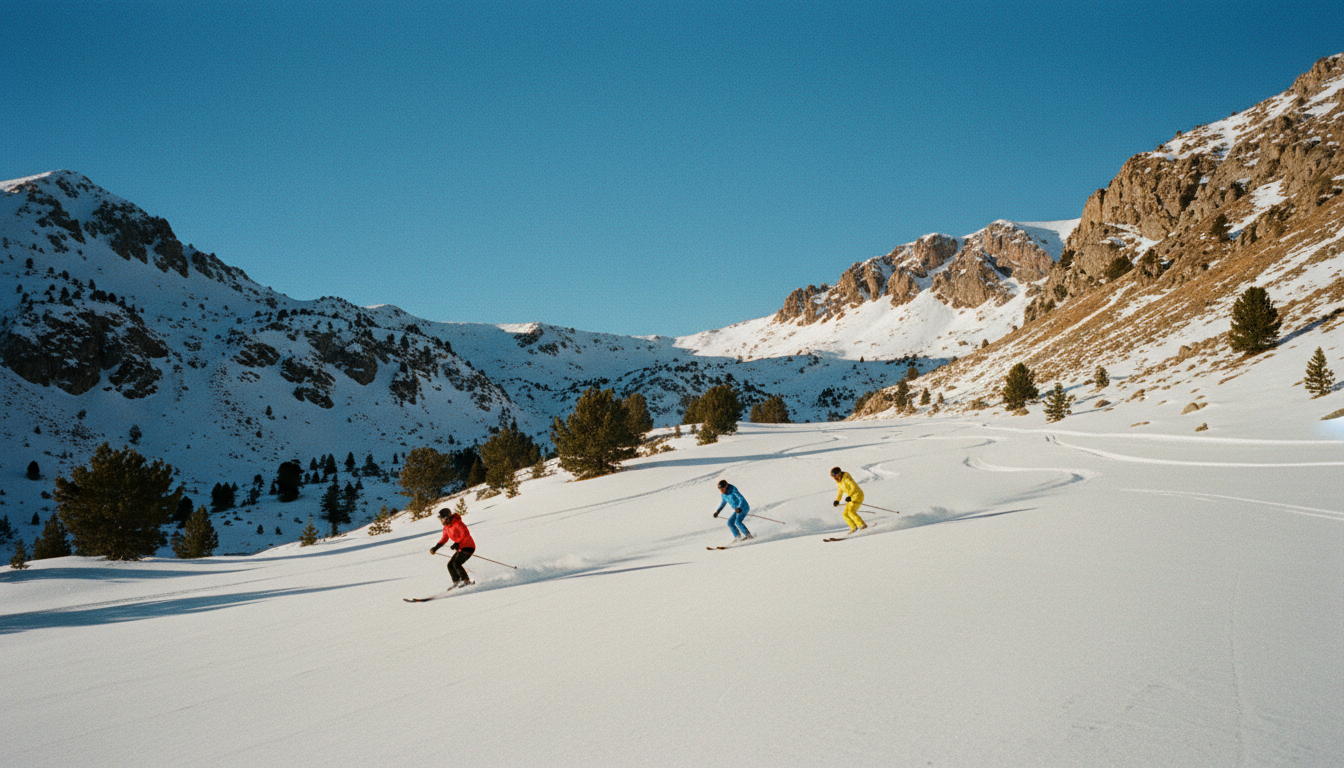 Skiers enjoying a sunny day on the pristine slopes while skiing near Valencia