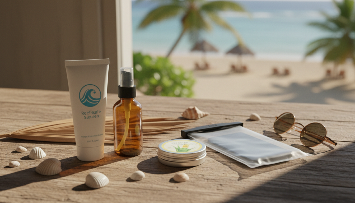 Travel-sized beach toiletries, reef-safe sunscreen, and a waterproof phone case organized neatly on a wooden table.