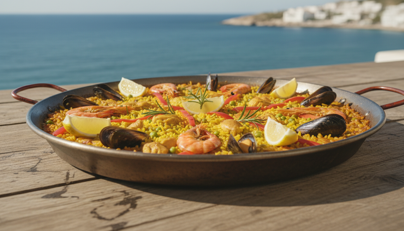 Delicious traditional paella served by the sea, representing the culinary best attractions in Spain