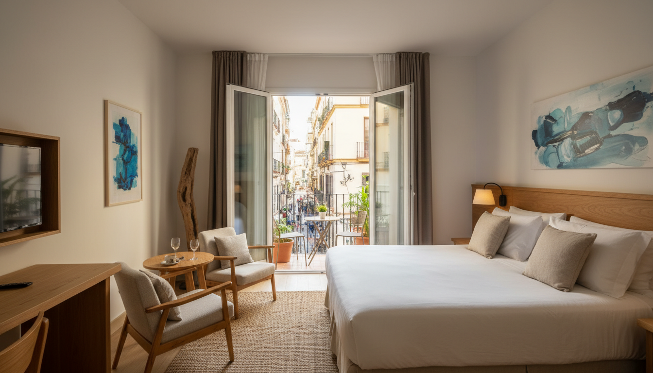 Modern stylish hotel room with balcony view in Soho Malaga
