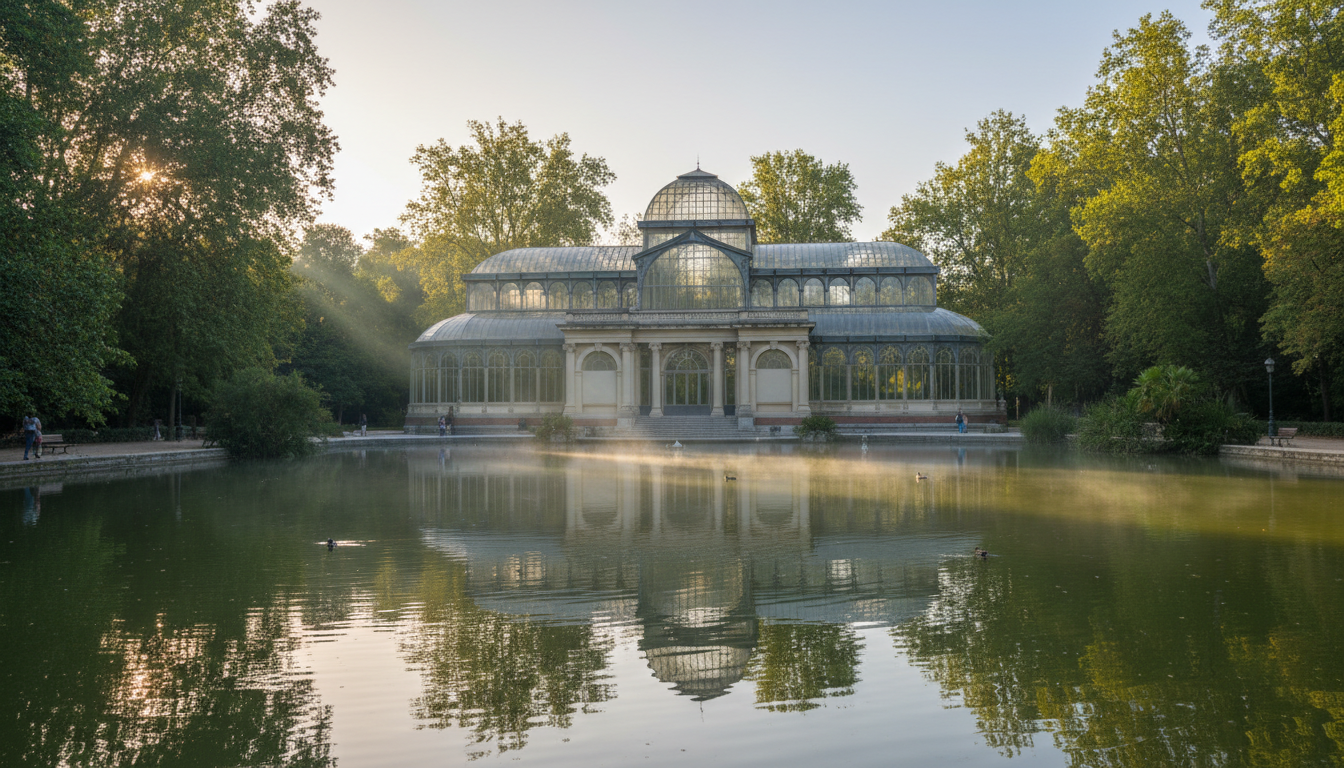The beautiful glass Crystal Palace reflecting on the water in Retiro Park, Madrid