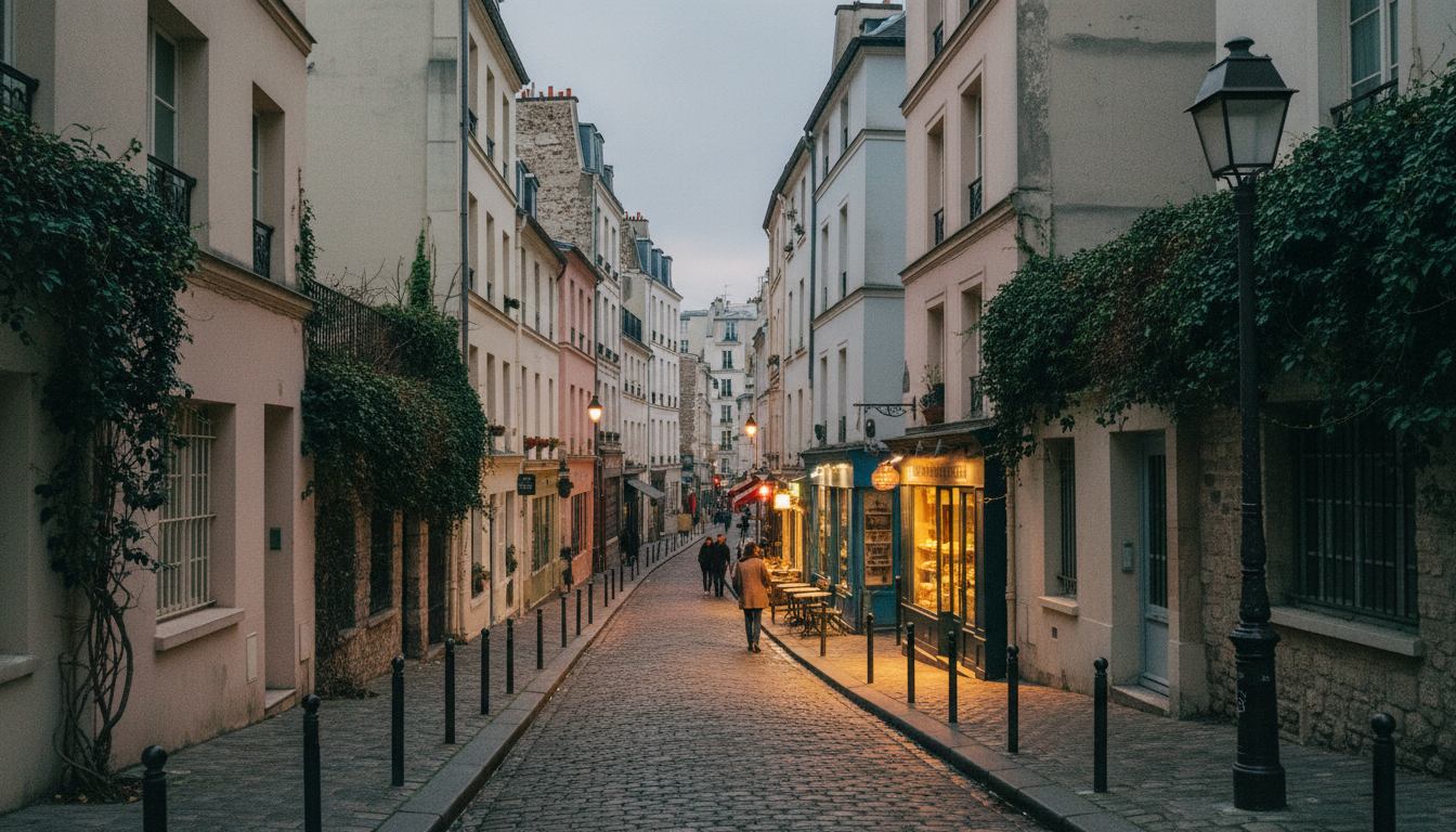 A charming cobblestone street in the Montmartre neighborhood of Paris at sunset