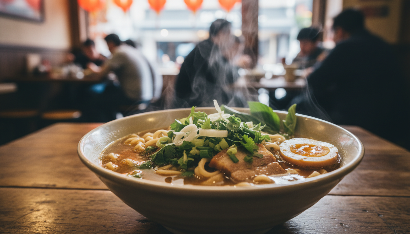 A hearty bowl of noodles representing the diverse cheap eats in LA