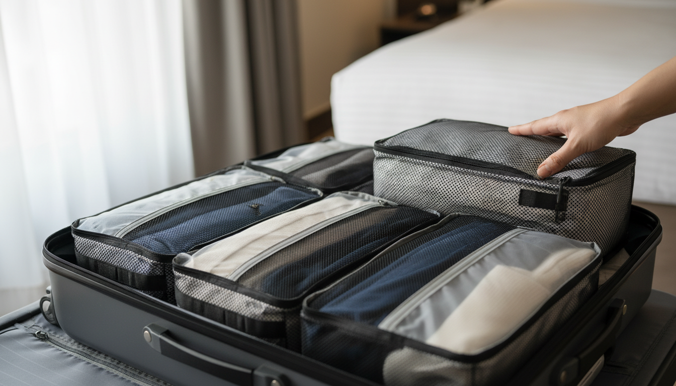 Neatly arranged packing cubes inside a carry-on bag, illustrating a smart organization hack for the packing light guide.