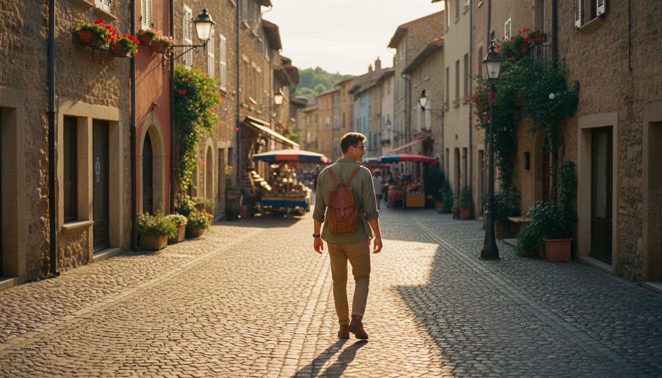Confident traveler exploring a beautiful cobblestone street as part of safe solo travel
