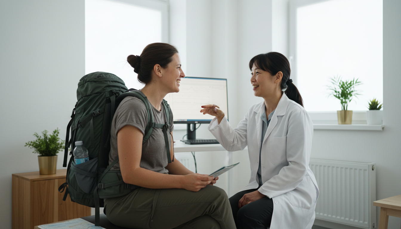 Tourist consulting with a local medical professional abroad for emergency care.