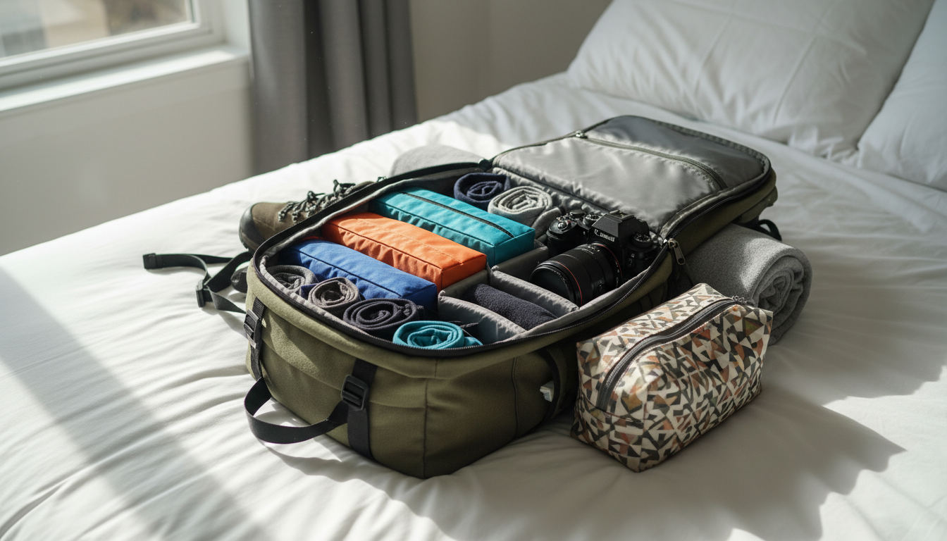 An organized backpack filled with packing cubes and travel essentials for an upcoming trip