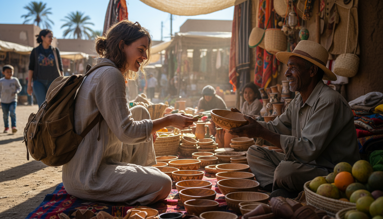 Traveler buying authentic local crafts from an artisan to support sustainable travel