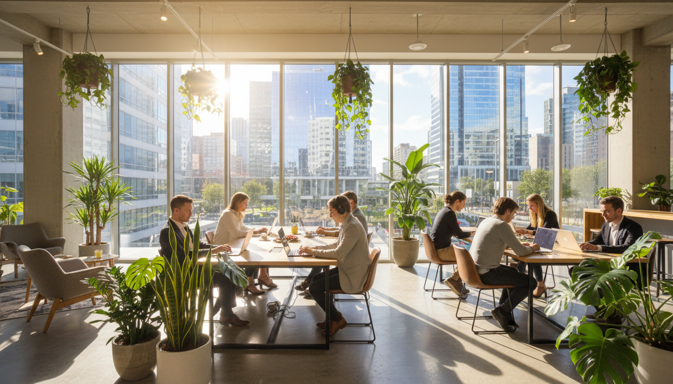 A bustling modern co-working space where remote professionals maintain productivity while living the digital nomad lifestyle.