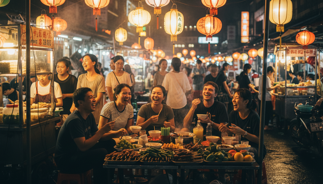 Connecting with locals at a street food market by using essential travel phrases