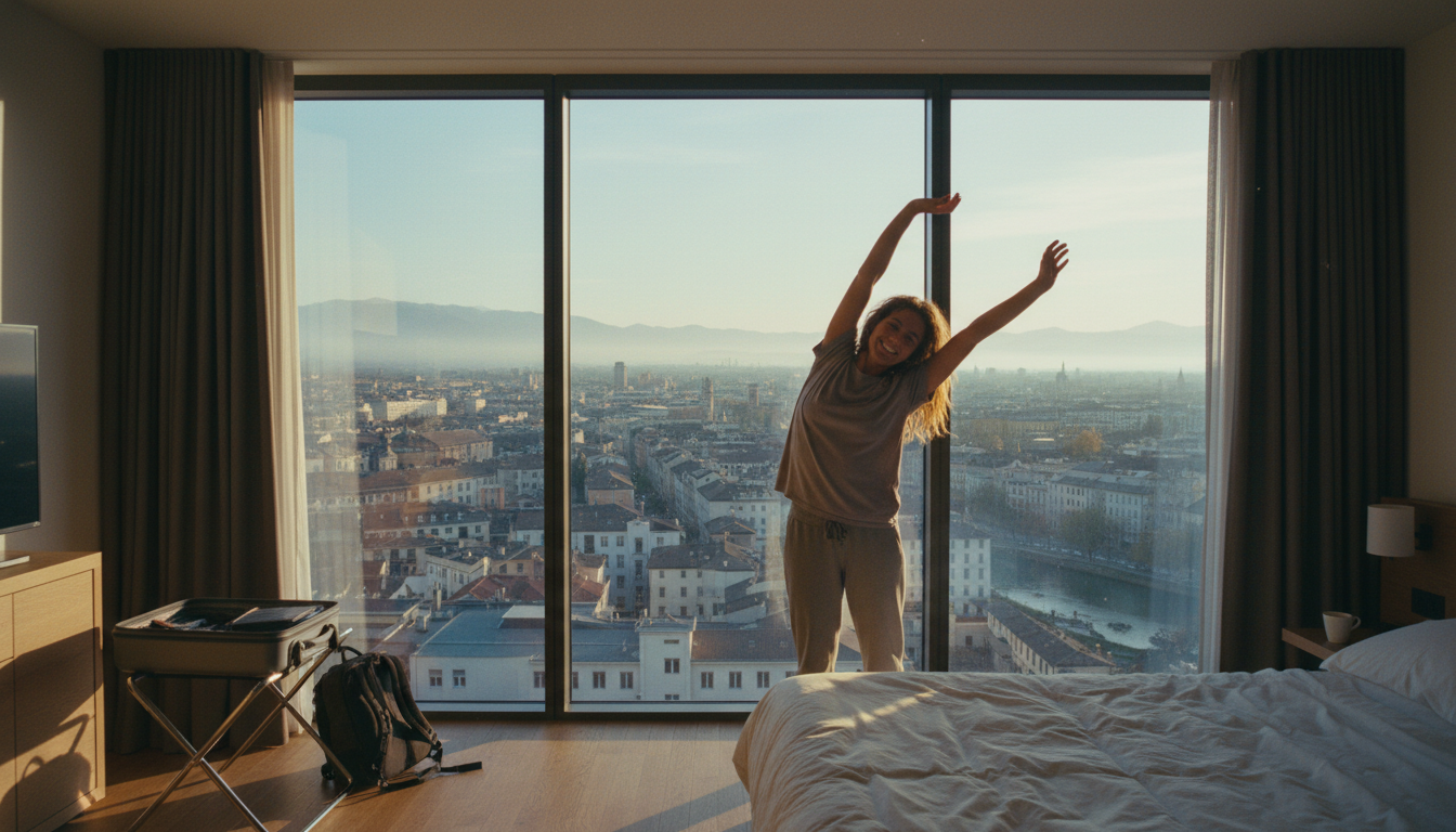 A traveler using morning sunlight in their hotel room to reset their circadian rhythm and beat jet lag.