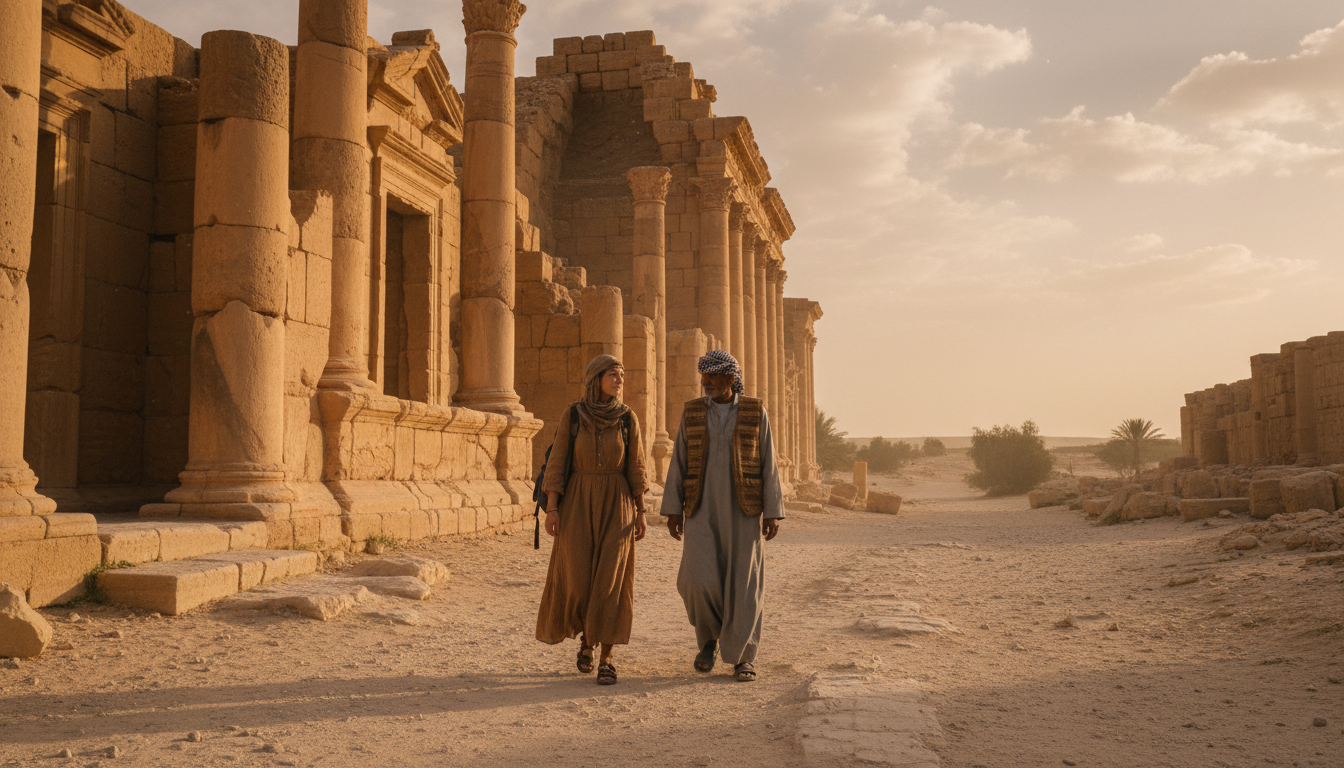 Tourist wearing modest clothing exploring ancient ruins, demonstrating respectful international travel etiquette.