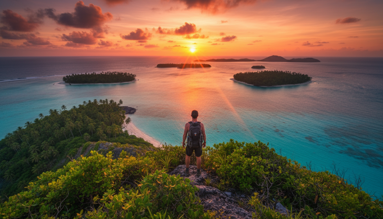 Traveler looking out at a stunning sunset over the ocean while island hopping in India